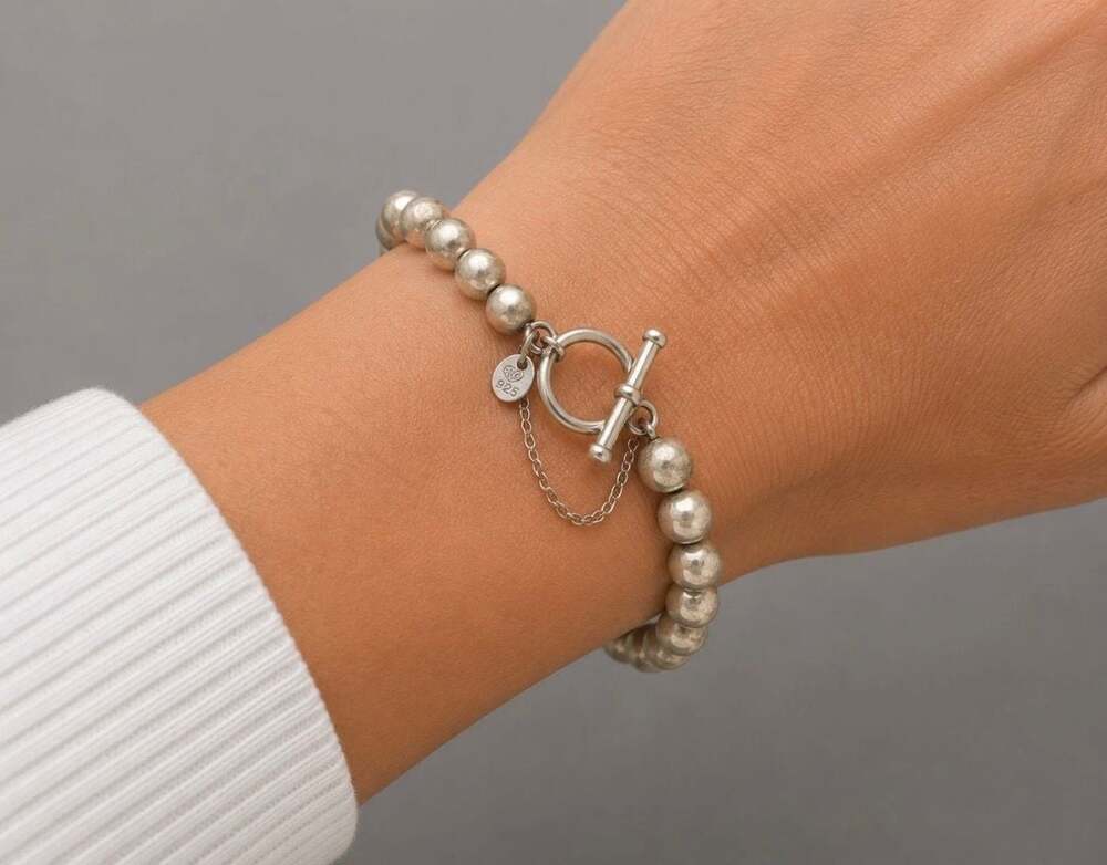 Silpada B0059 925 Sterling Silver 6mm Ball Bead Toggle Bracelet Safety Chain